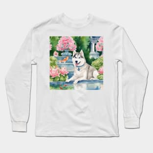 Husky and a flying fish, whimsical watercolor painting Long Sleeve T-Shirt